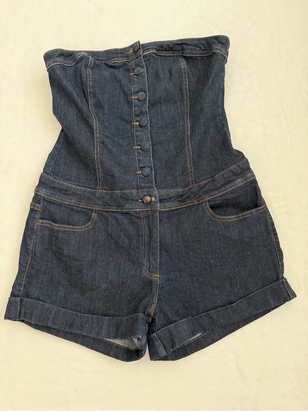 Americana Blues Denim Strapless Romper Corset Button Front Shorts Y2K